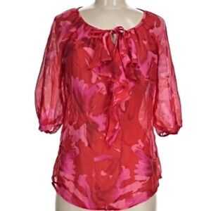 Loft Red & Pink Floral Tie-Neck Blouse